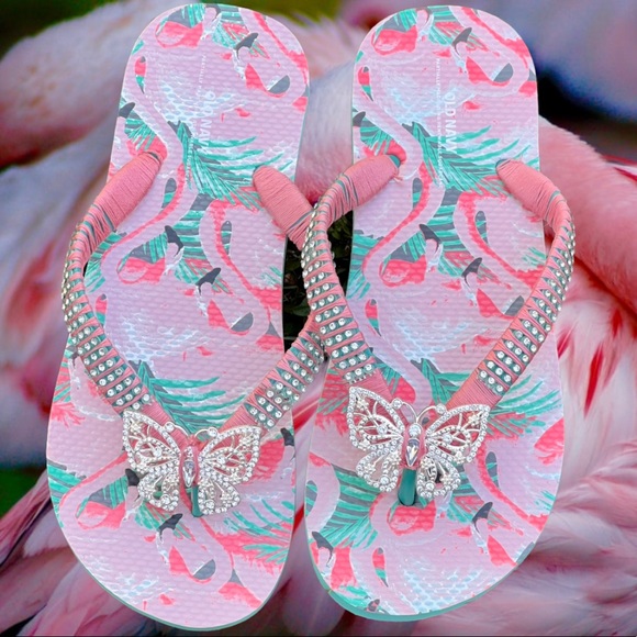Adult Male Size 6-7, Women Size 7, Peach Flamingo, Crystal Butterfly - Picture 9 of 15
